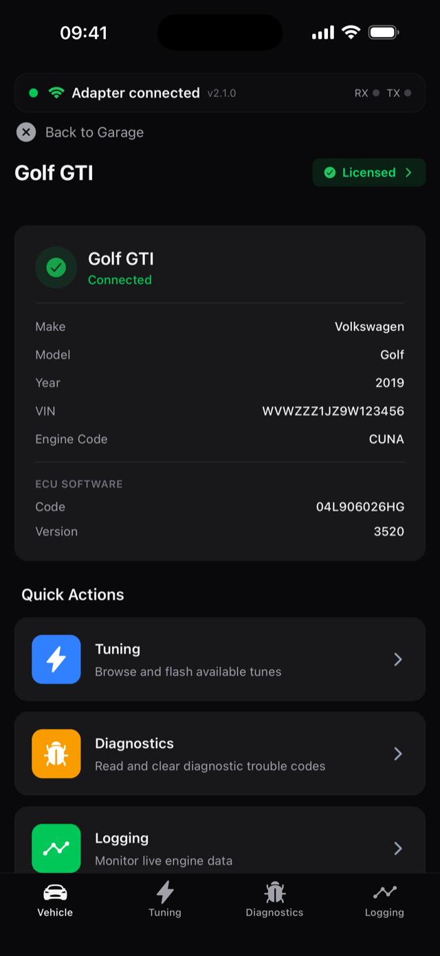 The MFS Connect vehicle screen, showing a connected Golf GTI with its VIN, engine code and ECU software version
